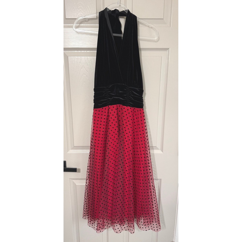 Connected Apparel Black Velvet Red Polka Dot Tulle Halter Dress Size 10 Y2K